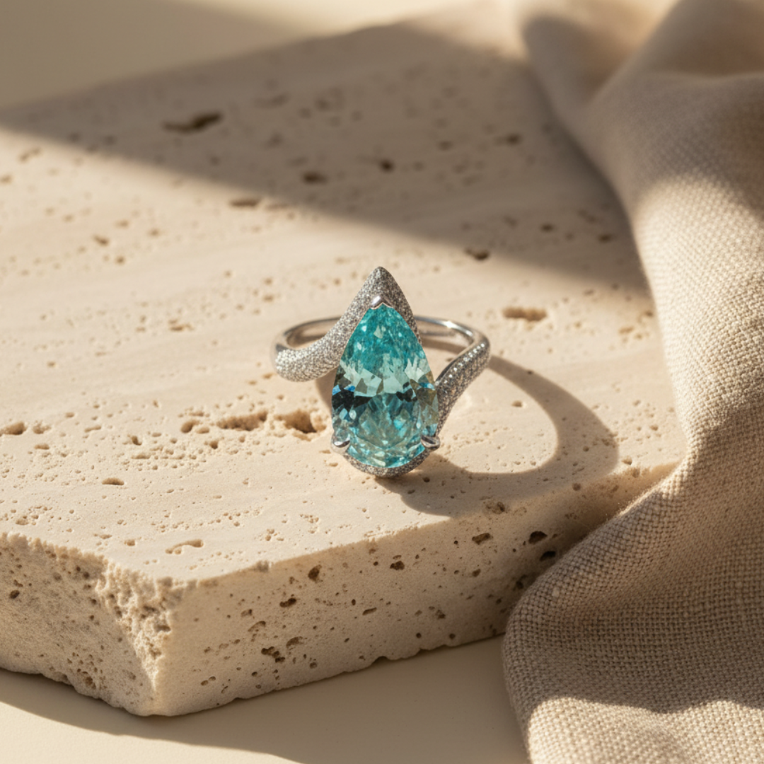 טבעת פראיבה בחיתוך אגס – ציפוי פלטינה